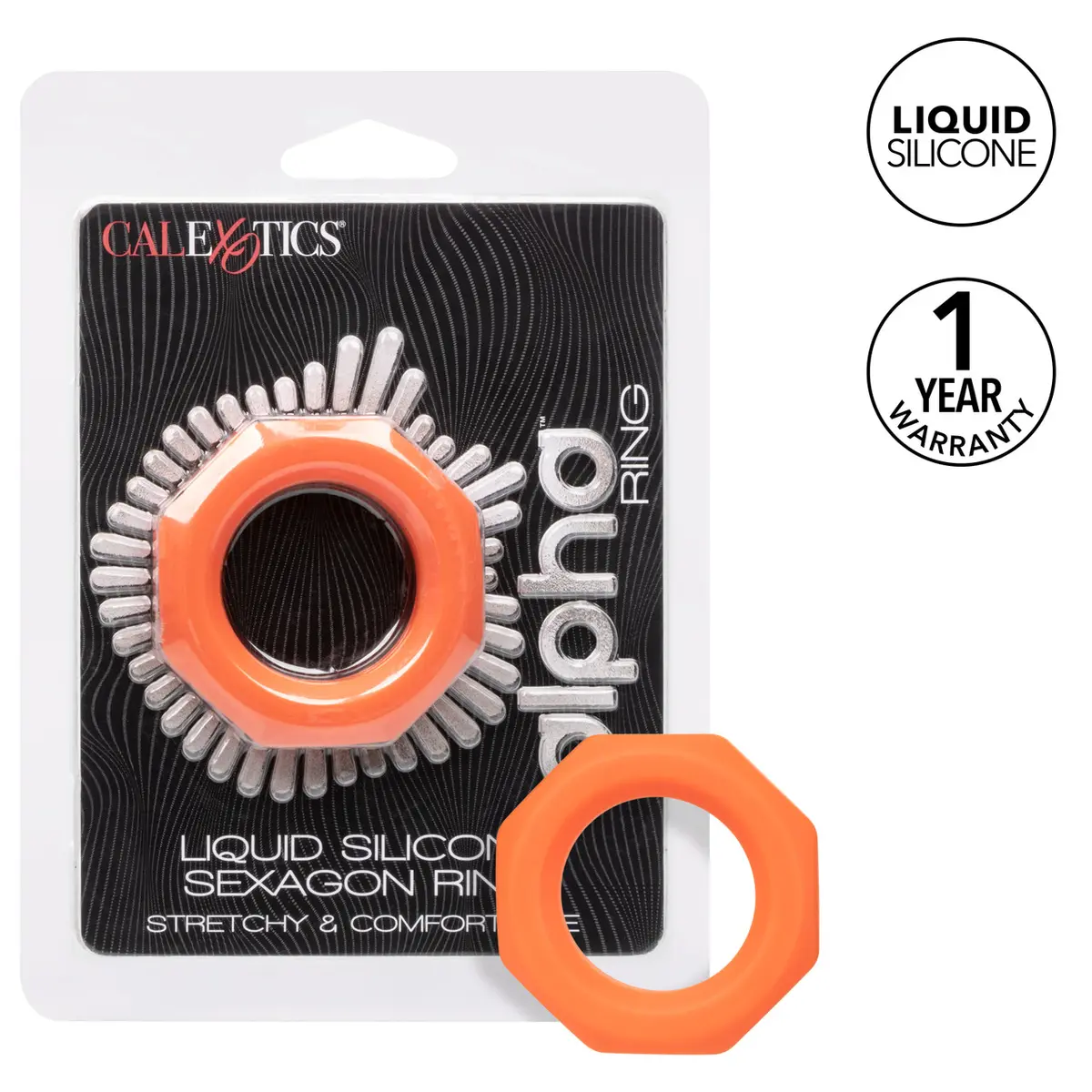 5. Calexotics Alpha Liquid Silicone Sexagon Cock Ring, Orange