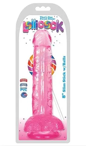 Curve Toys Lollicock Slim Stick Realistic Dong With Balls, Cherry Ice, 8 Inch